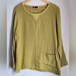 FEMINI Green 100% Linen Long Sleeves Top